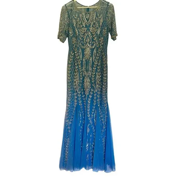 Adrianna Papell blue embellished beaded overlay mermaid occasion dress 12